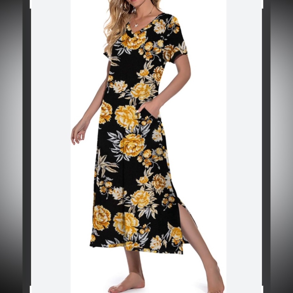 PrinStory Womens V Neck Long Nightgown-Loungewear With Short Sleeve and Pockets